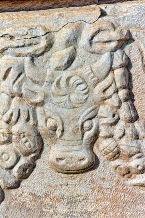 Roman sarcophagus relief detail with animal head in Ephesus (Efes) from Roman time in Turkey.の写真素材