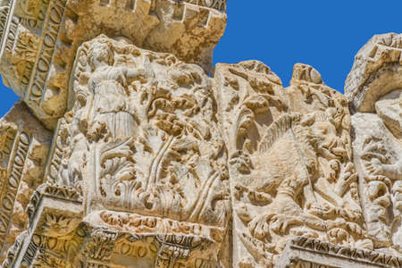 Relief detail on top of the Famous Tetrapylon Gate in Aphrodisias (Turkey) dedicated to Aphrodite built during Hellenic era. In Roman time it was a small city in Caria.の写真素材