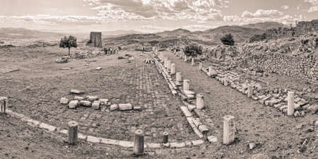 Panorama view from Acropolis of Pergamon or Pergamum archeological site to the new city Bergama in the background.の写真素材