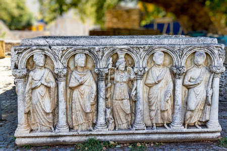 Roman sarcophagus relief with human figures in Aphrodisias (Turkey).の写真素材