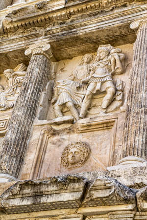 The Sebasteion or Augusteum facade detail with famous sculptures in Aphrodisias (Turkey) build during Roman period.の写真素材