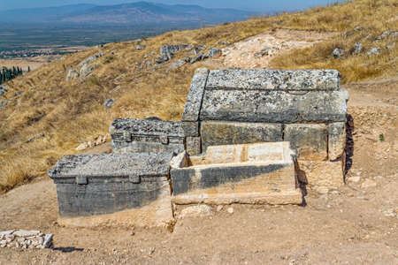 Necropolis detail of sarcophagus in Pamukkale (ancient Hierapolis), Anatolia, Turkye.の写真素材