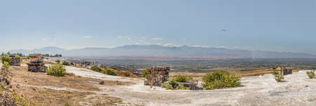 Necropolis detail with  travertine terraces in Pamukkale (ancient Hierapolis), Anatolia, Turkye.の写真素材
