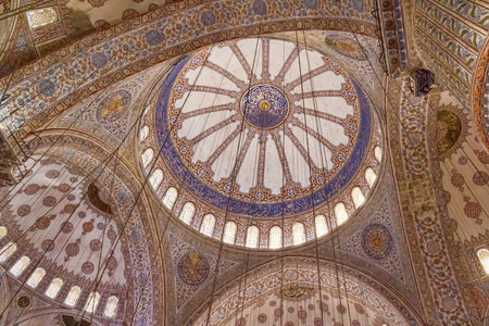 ISTANBUL, TURKEY - SEPTEMBER 29: Blue mosque indoor shot with restorated ceiling on September 29, 2011 in Istanbul.のeditorial素材