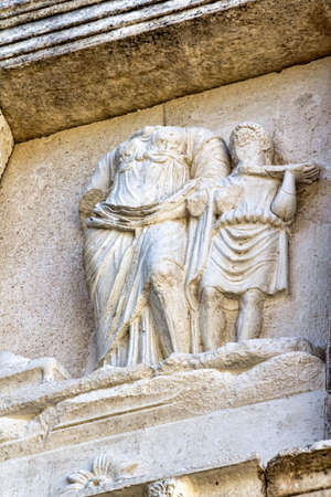 The Sebasteion or Augusteum facade detail with famous sculptures in Aphrodisias (Turkey) build during Roman period.の写真素材