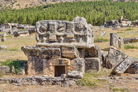 Northern Necropolis detail in Pamukkale (ancient Hierapolis), Anatolia, Turkye.の写真素材