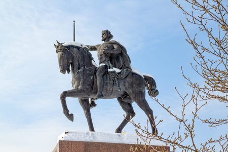 Winter scene with old statue of king Tomislav in Zagreb capital of Croatia のeditorial素材