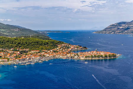 Aerial helicopter shoot of Korcula old town. Dubrovnik archipelago - Elaphites islandsの写真素材