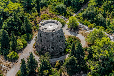 Aerial helicopter shoot of Korcula old town fortress. Dubrovnik archipelago - Elaphites islandsのeditorial素材