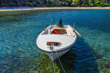 Plastic small fishing boat, island Mljet, Croatiaの写真素材