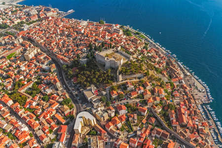 Adriatic tourist destination Sibenik, Croatia.  Helicopter aerial shoot.のeditorial素材