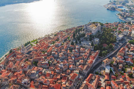Adriatic tourist destination Sibenik, Croatia.  Helicopter aerial shoot.のeditorial素材