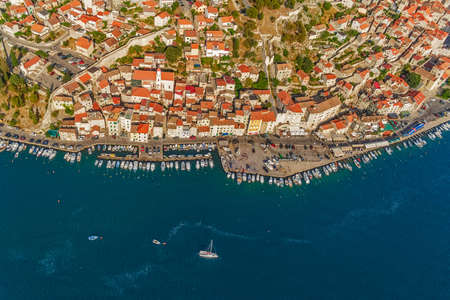 Adriatic tourist destination Sibenik, Croatia.  Helicopter aerial shoot.のeditorial素材