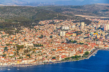 Adriatic tourist destination Sibenik, Croatia.  Helicopter aerial shoot.のeditorial素材