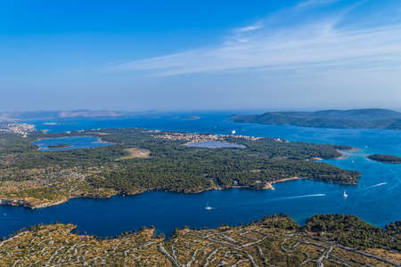 Aerial helicopter shoot of Adriatc landscape, shoreline - Sibenik archipelago, Croatia.の写真素材