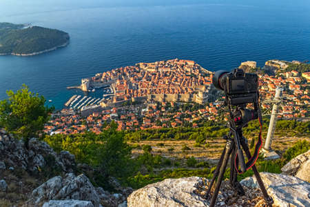 Early morning sunrise shoting timelapse  panorama of Dubrovnik old city defense walls. Location Croatia - Europe. Focus on camera.のeditorial素材