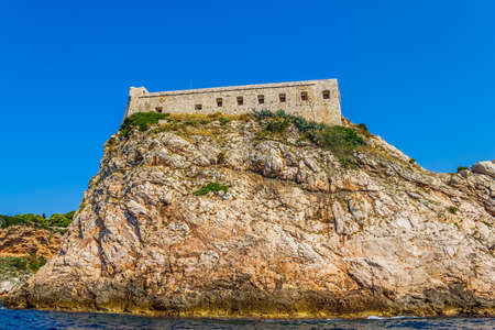 Dubrovnik old city defense walls details shot from a boat. Fortress st. Lawrence. Location Croatia - Europe.のeditorial素材
