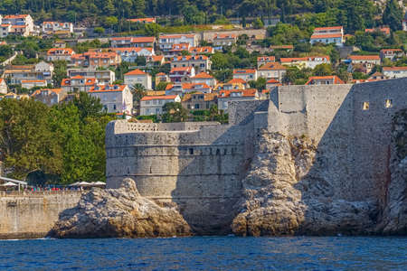 Dubrovnik old city defense walls details shot from a boat. Fortress Bokar. Location Croatia - Europe.のeditorial素材