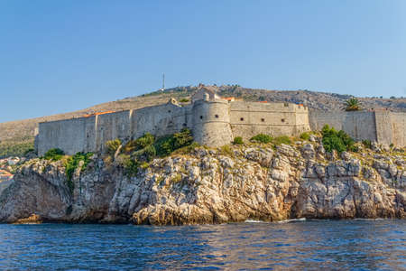 Dubrovnik old city defense walls details shot from a boat. Location Croatia - Europe.のeditorial素材