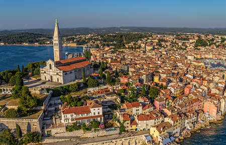 Aerial shoot of Old town Rovinj at sunset, Istra region, Croatia.の写真素材