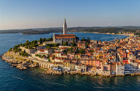 Aerial shoot of Old town Rovinj at sunset, Istra region, Croatia.の写真素材
