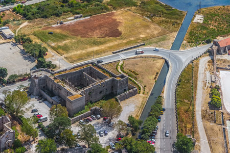 Aerial helicopter photo of medieval town Ston, famous second world largest stone wall and saltern,...