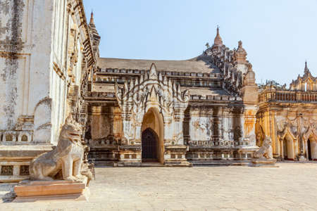 Ancient Ananda Temple in Old Bagan, Myanmar. Entrance guardian Lion.の写真素材