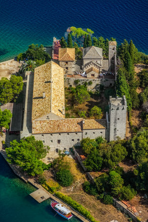 Aerial helicopter shoot of National park on island Mljet, Dubrovnik archipelago, Croatia. The oldest...
