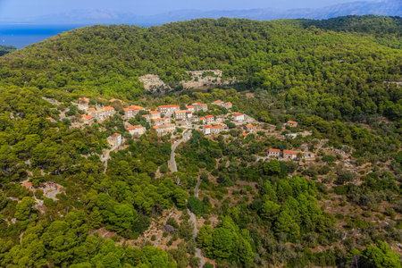 Aerial helicopter shoot of National park on island Mljet, Dubrovnik archipelago, Croatia. Village Govedari.の写真素材