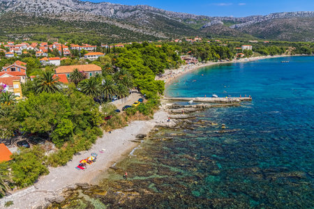 Helicopter aerial shoot of famous tourist destination on Peljesac peninsula, Croatiaの写真素材