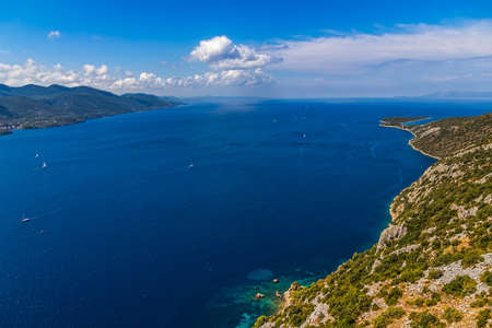 Helicopter aerial shoot of tip of the Peljesac peninsula - Dubrovnik archipelago, Croatiaの写真素材