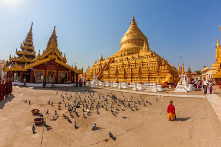 NZAUNG-U, MYANMAR - FEB 22: Young monk (kid) chasing pigeons at The Shwezigon Pagoda a famous Buddhist temple on Feb 22, 2012 in Nyaung-U, Myanmar. Shwezigon was built A.D 1076 as the most important reliquary shrine in Baganのeditorial素材