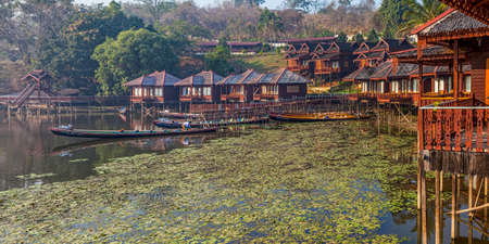 INLE LAKE, MYANMAR - FEBRUARY 28: Replica of the traditional floating village engineered as a hotel with bungalows on February 28, 2013 in Inle Lake, Myanmar.のeditorial素材