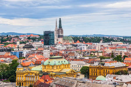 Panorama of the city center, Zagreb capitol of Croatia, with mail buildings, museums and cathedral in the distance.の写真素材
