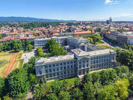 ZAGREB, CROATIA - JUNE 12: Panorama of the city center shoot from top of the skyscraper with a view to the museum Mimara and and cathedral in the distance on June 12, 2013 in Zagreb, Croatia.のeditorial素材