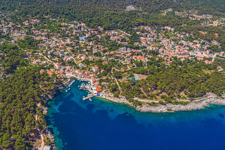 Aerial panorama of island Veli Losinj in Zadar area, Croatia. Famous tourist attraction.