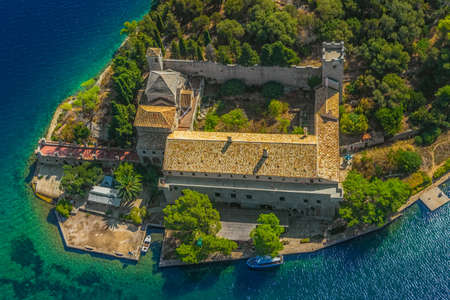Aerial helicopter shoot of National park on island Mljet, Dubrovnik archipelago, Croatia  The oldest pine forest in Europe preserved and Monastery of Saint Mary on a small island in a big lake の写真素材