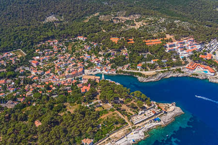 Aerial panorama of island Veli Losinj in Zadar area, Croatia. Famous tourist attraction.の写真素材