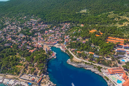 Aerial panorama of island Veli Losinj in Zadar area, Croatia. Famous tourist attraction.の写真素材