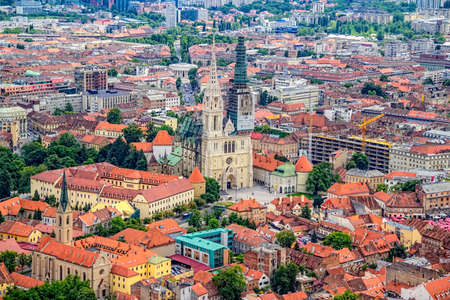 ZAGREB, CROATIA - MAY 26: City center view from helicoper with cathedral and bishop's palace on working day on May 26, 2012 Zagreb, Croatia.のeditorial素材