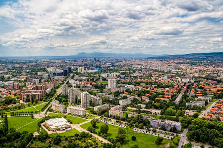 ZAGREB, CROATIA - MAY 26: Helicopter aerial view of the eastern residential and business part of the city on  May 26, 2012 Zagreb, Croatia.のeditorial素材