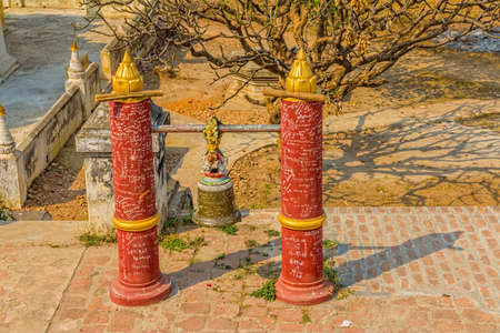 INNWA - FEBRUARY 25: The Maha Aungmye Bonzan Monastery decoration detail with praying bell,  well-known as Me Nu Oak Kyaung on February 25, 2013 in Innwa, Myanmar.のeditorial素材