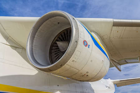 ZAGREB, CROATIA - NOVEMBER 10: Antonov 225 Mriya airplane motor while loading heavy weight cargo on November 10, 2013 Zagreb, Croatia. It is the biggest airplane in the world.のeditorial素材