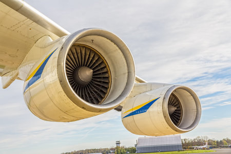 ZAGREB, CROATIA - NOVEMBER 10: Antonov 225 Mriya airplane motor while loading heavy weight cargo on...