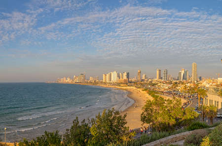 TEL AVIV, ISRAEL - MARCH 1, 2014: View of the beach, riviera and long promenade along skyline from Jaffaのeditorial素材