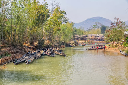 INDEIN   MYANMAR - FEBRUARY 28 2013  Biggest village on Inle lake where all tourists came for a visit by long motorized traditional boats のeditorial素材