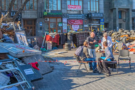 KIEV, UKRAINE - MARCH 22, 2014  People and barricades on the Khreshchatyk street still stand because people distrust politicians and waiting for the Presidential elections のeditorial素材
