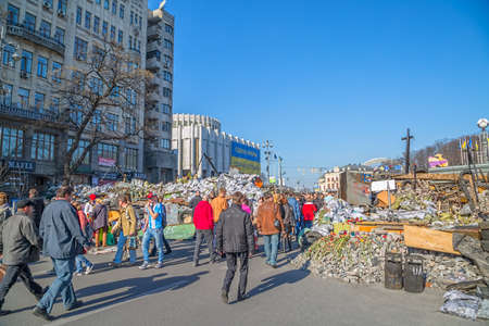 KIEV, UKRAINE - MARCH 22, 2014  People visiting Maidan square and barricades on the Khreshchatyk street, witch still stand because people distrust politicians and waiting for the Presidential elections のeditorial素材