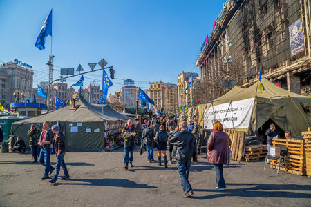 KIEV, UKRAINE - MARCH 22, 2014  People visiting Maidan square and barricades on the Khreshchatyk...