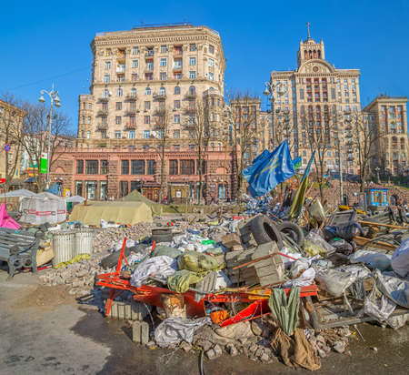 KIEV, UKRAINE - MARCH 22, 2014  Barricades on the Khreshchatyk street still stand because people distrust politicians and waiting for the Presidential elections のeditorial素材